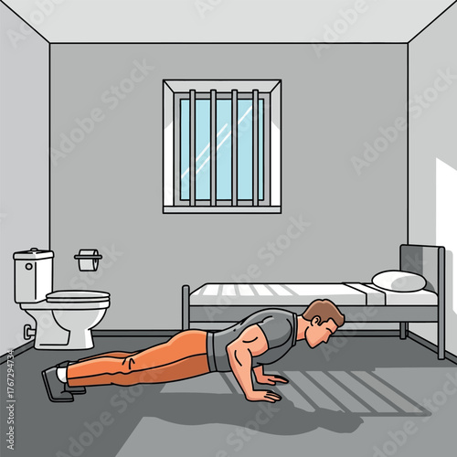 Prisoner's Push-Up A Man Exercises in a Jail Cell, Illustrating Confinement and Fitness