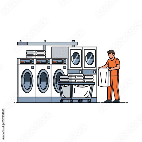 Laundry Service Worker Folding Clean Towels Next to Washing Machines and Dryer