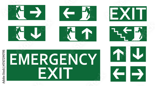 Emergency exit sign set. Fire exit. Running man and exit door, Escape and stairs sign. Escape help evacuation. Safety vector symbol.