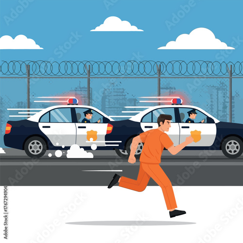 Criminal escaping from prison in a police car chase, illustration of justice and crime