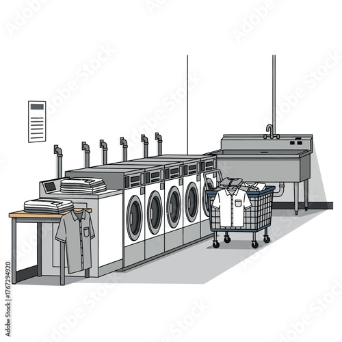 Illustration of a clean and organized laundromat with rows of washing machines, dryers, and a sink area, ready for use