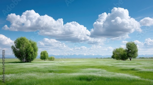 Fototapeta Naklejka Na Ścianę i Meble -  Vast Grassy Meadow Under a Blue Sky With Fluffy White Clouds and Distant Snow-Capped Mountains Under Bright Daylight Sunlight.