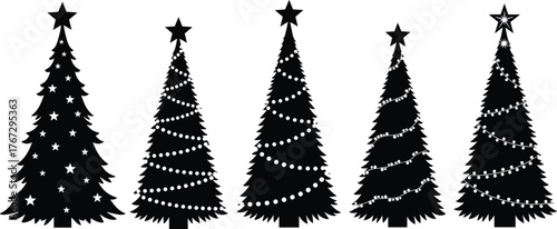 Set of decorated Christmas tree silhouettes with stars and ornaments isolated on white background, festive holiday vector design collection