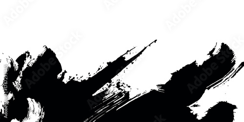 A close-up of a vector style black ink brush stroke dusty and grainy overlay and grunge paint splashed on a white background.	