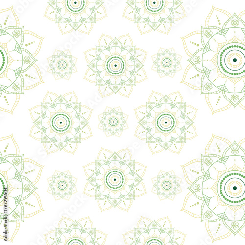 Seamless vector pattern with a green mandala with many details.