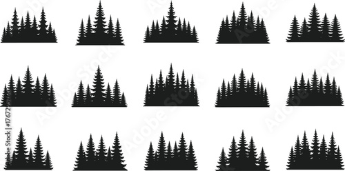 Collection of black pine forest silhouettes isolated on white background, evergreen woodland tree landscape icons, nature vector illustration set, design elements
