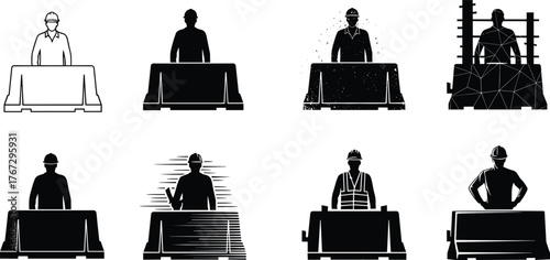 Construction workers behind safety barriers, roadwork labor silhouettes, industrial safety concept, building site protection, urban construction maintenance illustration design