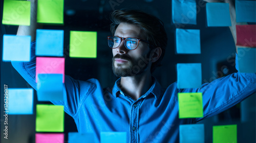 upper. Creative professional immersed in work, surrounded by vibrant abstract colors symbolizing ideas. wellbeing guides, coaching materials, designed for coaching and self-improvement content.