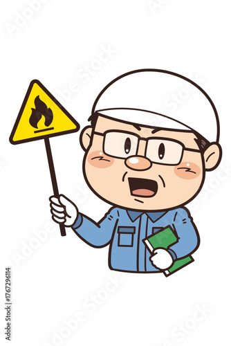 【可燃性物質】工場や現場で働く男性作業員が警告標識を持つイラスト｜不安全行動・不安全状態・労働災害