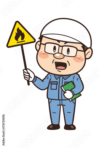 【可燃性物質】工場や現場で働く男性作業員が警告標識を持つイラスト｜不安全行動・不安全状態・労働災害