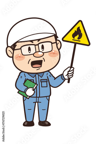 【可燃性物質】工場や現場で働く男性作業員が警告標識を持つイラスト｜不安全行動・不安全状態・労働災害