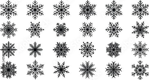 Snowflake vector set, black symmetrical winter icons, decorative ice crystals, geometric snow shapes, seasonal design elements for Christmas, holiday, print, craft