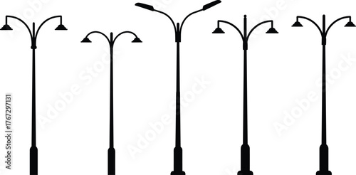 Street lamp silhouette collection, urban lighting design, vintage and modern styles, outdoor light fixtures, architectural elements, city infrastructure vector illustration set