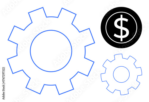 Large blue gear outline, smaller black gear, and bold dollar sign symbolizing finance, productivity, and economic systems. Ideal for innovation, business strategy, efficiency, wealth workflow cost