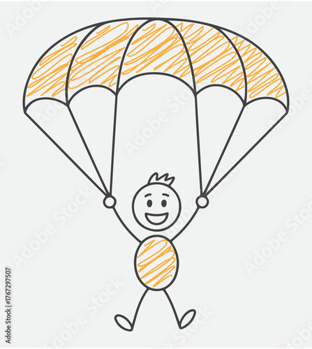 a cartoon stick figure with a parachute in the air