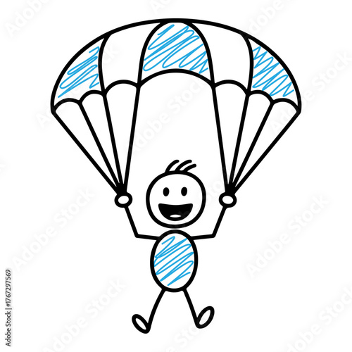 a cartoon stick figure with a parachute in the air