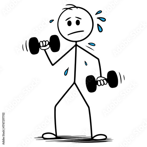 stick figure with dumbbells in hand, 