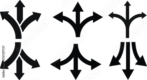 Way direction arrow sign icon set. three arrow, way sign, road direction icon vector. three-way direction arrow sign.Way pointer symbol. Turn arrow navigation sign. Traffic route vector illustration.