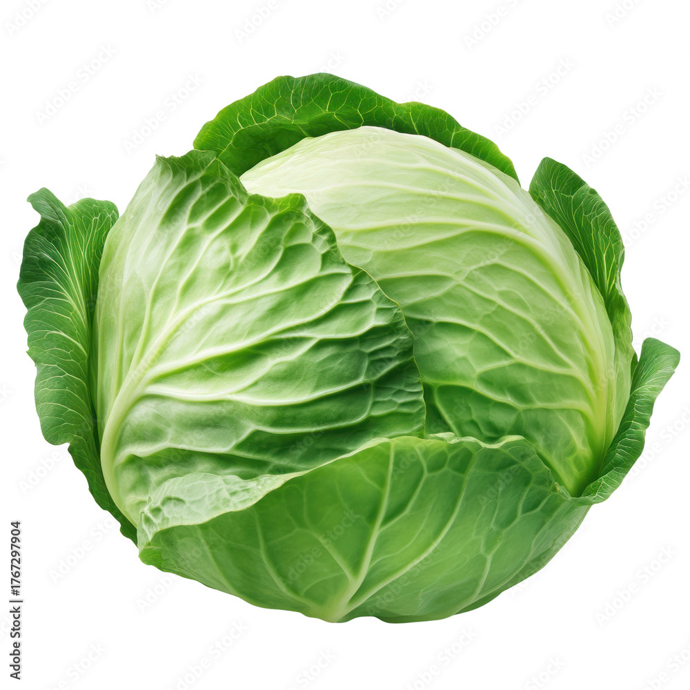 Obraz premium Fresh Green Cabbage With Visible Veins And Ruffled Outer Leaves Isolated On A Transparent Background Transparent