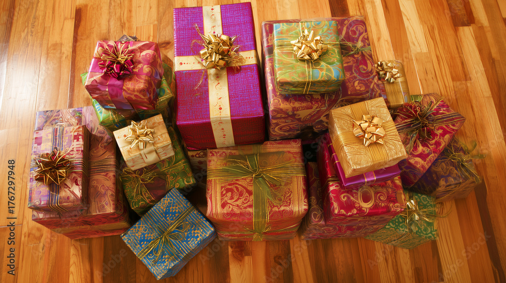 Fototapeta premium delivery. Neatly arranged gift boxes from an overhead view, bathed in warm ambient lighting. lifestyle magazines, social media lookbooks, designed for influencer and brand collaborations.
