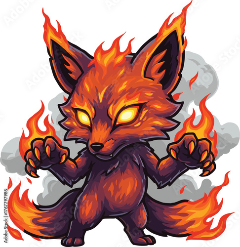 Mystical fire fox creature with glowing eyes, flaming claws, and supernatural aura in dramatic fantasy vector style