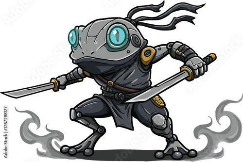 Cybernetic ninja frog warrior with glowing eyes, dual swords, and mechanical armor in dynamic combat-ready pose
