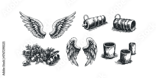 Set of Vintage Engraved Wings and Cylindrical Objects
