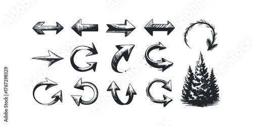 Collection of hand-drawn directional arrows and pine tree