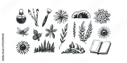 Ink bottle with brushes and botanical elements