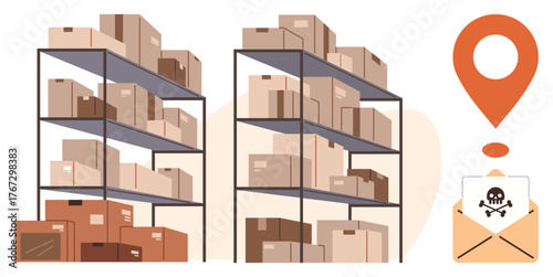 Stacks of warehouse shelves filled with boxes alongside a location pin and an envelope with a skull warning. Ideal for logistics, supply chain, risk management, e-commerce, inventory, shipping