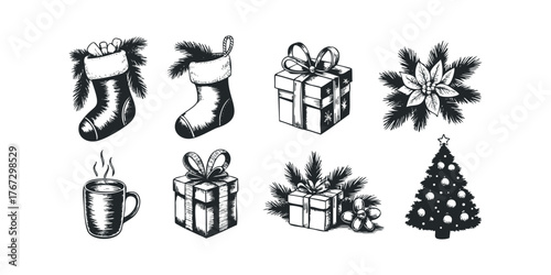 Holiday festive collection with stocking gift box and tree