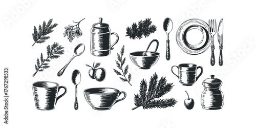 Kitchenware and botanical elements collection