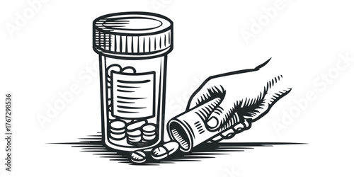 Hand holding pills next to prescription bottle with medication