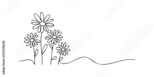 Simple line drawing of daisies with wavy ground