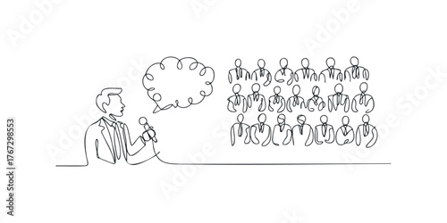 Speaker addresses audience in business suits with speech bubble