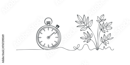 Single Line Drawing of Stopwatch and Plant Stem