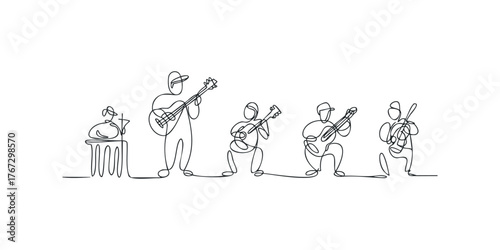 Continuous line drawing of five musicians playing guitars
