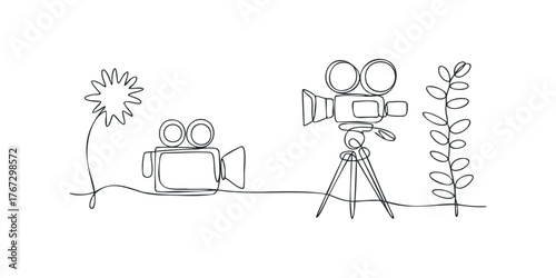 Continuous line drawing of vintage film cameras and foliage