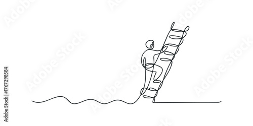 Person climbing spiral staircase on white background