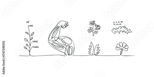 Single line drawing of a muscular arm and plants