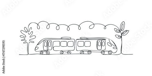 Minimalist train drawing with trees and sky swirl