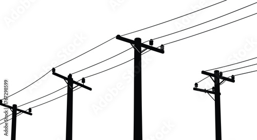 Utility pole silhouette vector, electric power distribution lines, infrastructure illustration, insulators on crossarms, black isolated design, energy grid, rural electricity network
