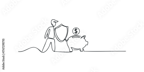 Person holding shield protecting piggy bank with dollar coin