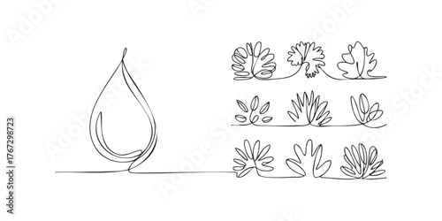 Single line drawing of water drop and leaves