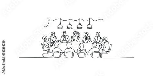 Business meeting with people around a table drawn in one line style