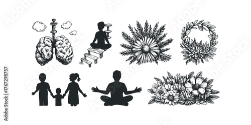 Human silhouette family, meditation, lungs, and floral elements