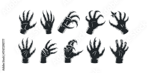 Collection of stylized monster or creature hands with sharp claws