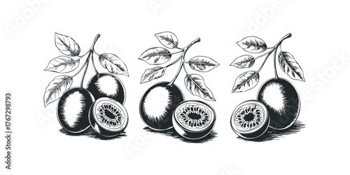 Three passion fruit bunches with leaves and cut fruit