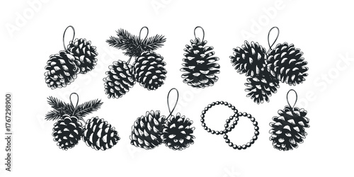 Set of Pine Cones and Garlands Drawn in Sketch Style