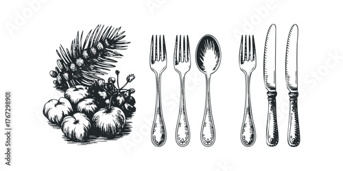 Hand-drawn sketch of apples and coniferous branch with cutlery